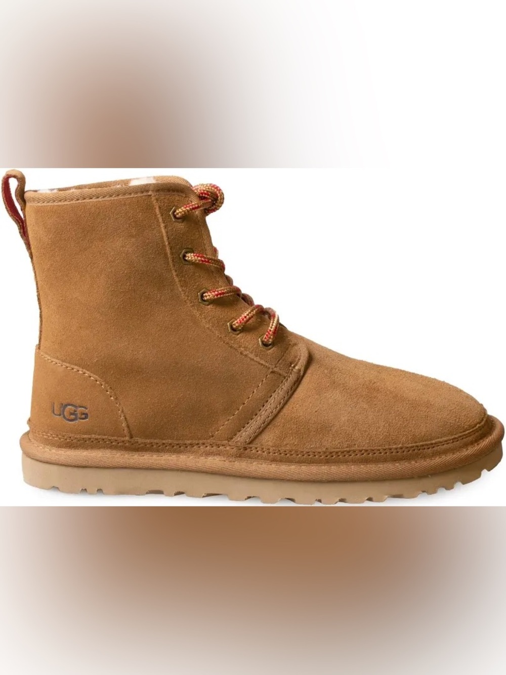 UGG Tan Suede Neumel High Lace-Up Boot with Red-Accent Laces